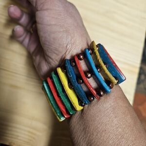 Vintage Ethnic Multicolor Wooden Slat Stretch Bracelet